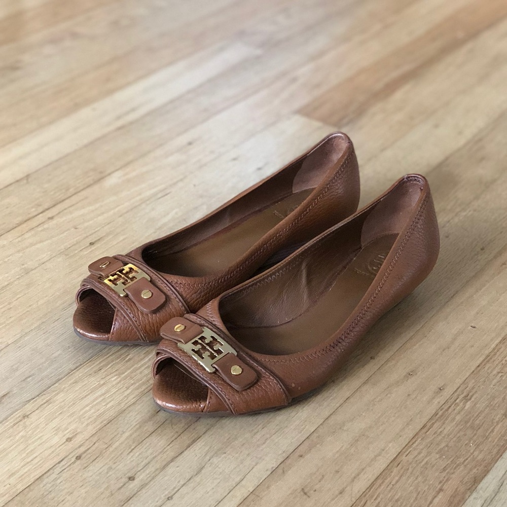 Tory Burch Emma Peep Toe Leather Camel Wedges